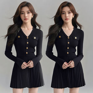 เดรสสั้นเข้ารูปคอวีแขนยาวสไตล์เฮปเบิร์นฝรั่งเศสสีดำ - Product Image 4