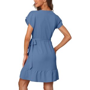 Vestido corto de verano con cuello en V, cinturón, mangas de pétalo, corte ajustado y acampanado, informal, para fiesta, tejido transpirable para mujer. - Product Image 5