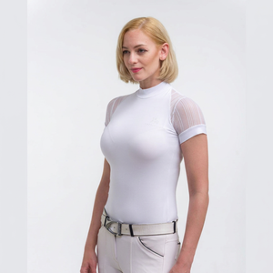 <b>Women</b> <b>White</b> Short Sleeve Equestrian Riding Shirt Breathable Knitted Spandex Polyester High Waist Pullover Top Front Patchwork - Product Image 1