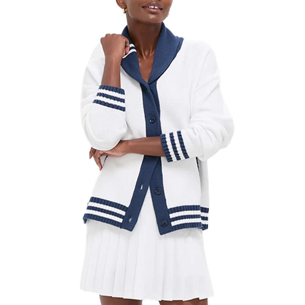 Wholesale Custom Women Cardigan Color Block 100% Wool Shawl Collar Ribbed Knit Preppy Nautical High Quality Oversize Sweater