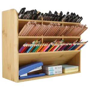 竹デスクペンオーガナイザー、学校の木製鉛筆ホルダーボックス、画材収納ケース