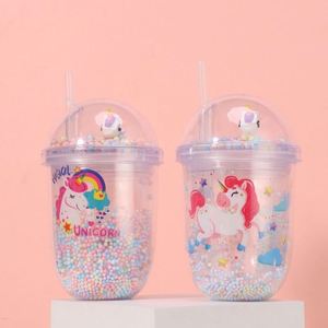 450ml Full Clear Magic Rainbow Unicorn Printed Double Wall Plastic Straw Tumbler with Round Dome Lid Pastel Foam Bead - Product Image 6