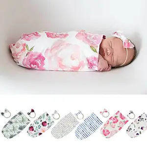 Siap untuk Kapal Properti Foto Bayi Yang Baru Lahir Bunga Selimut Membedung untuk Karung Wrap Cocoon Kantong Tidur dengan Nylon Bow Headband Set