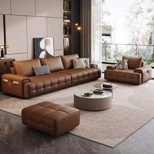 Sofá Lawrence Minimalista Italiano, Sofá Recto de Cuero Genuino con Mechones para Sala de Estar - Product Image 3