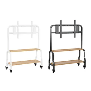 Black White Double-layer Wooden Shelf Flat Panel Movable TV Cart For 32" To 65" TVs