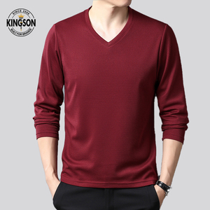 T-shirts en waffle pour hommes à manches longues, logo personnalisé, col en <span class=keywords><strong>V</strong></span>, <span class=keywords><strong>v</strong></span>êtements formels, couleur unie, viscose, coupe ample, poids lourd, tricot surdimensionné - Product Image 1