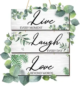 3 Pieces Live Laugh Love Botanical Leaf Sign Family Quotes Wooden Sign