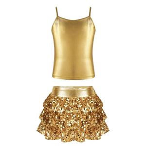 Traje de Danza para Niñas de 4 a 14 Años, Atuendo para Competencia y Actuación en Escenario, Top Metálico con Falda Pantalón con Volantes, para Fiestas Temáticas - Product Image 2