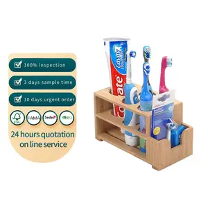 Bamboo Storage Holder Stand wooden Toothpaste Holder Wider Slots for Electric Toothbrushes Plus Floss Holder for Bathroom