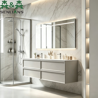 Meuble-lavabo double SLS au design moderne, en pierre frittée, avec miroir LED horizontal sur mesure et rangement intégré