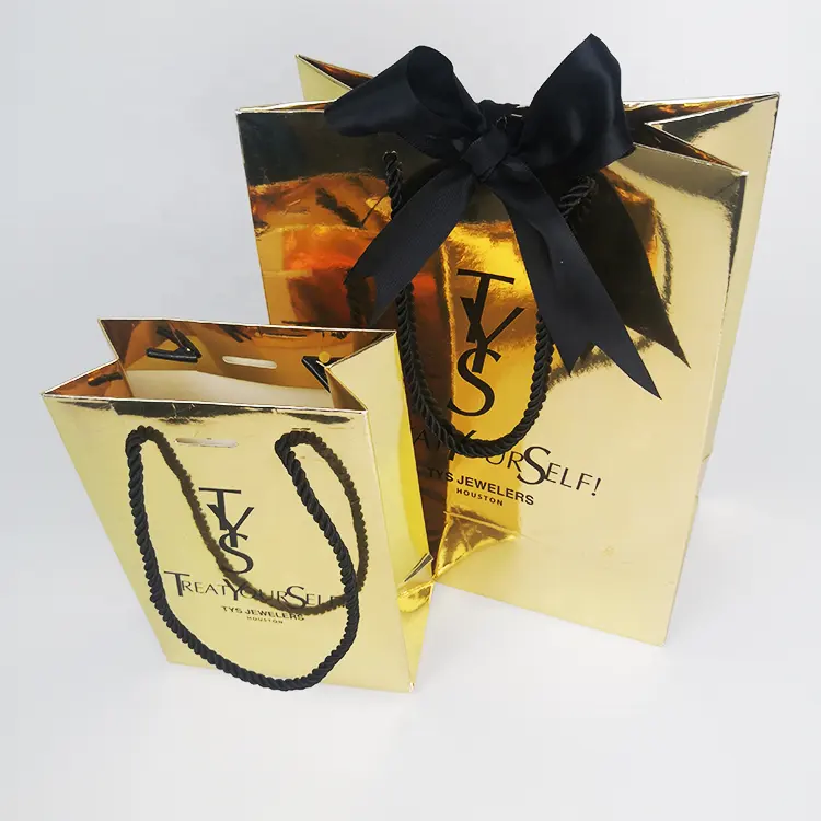 Customizable party event gold glossy paper gift bag with handle creative paper bag