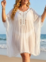 Robe de plage grande taille pour femme, en crochet ajouré, col en V, avec pompons, ample et respirante, 100 % polyester, pour maillot de bain bikini