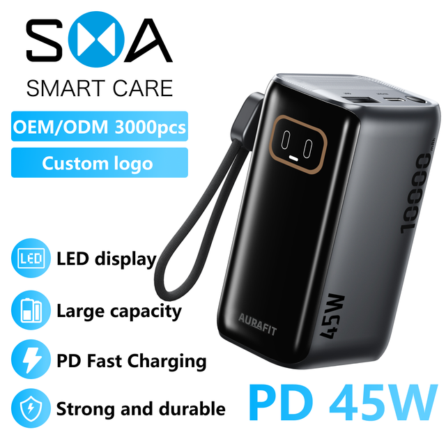 Wholesale 10000mAh 45W Plastic Portable Power Bank with Built-in Cable Custom Logo Black Style Lithium-Ion Battery