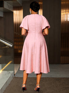 AM050607 elegante manica a sbuffo corta con scollo a V 3D fiore rosa Jacquard a linea rosa abito Casual da donna <span class=keywords><strong>Midi</strong></span> - Product Image 3