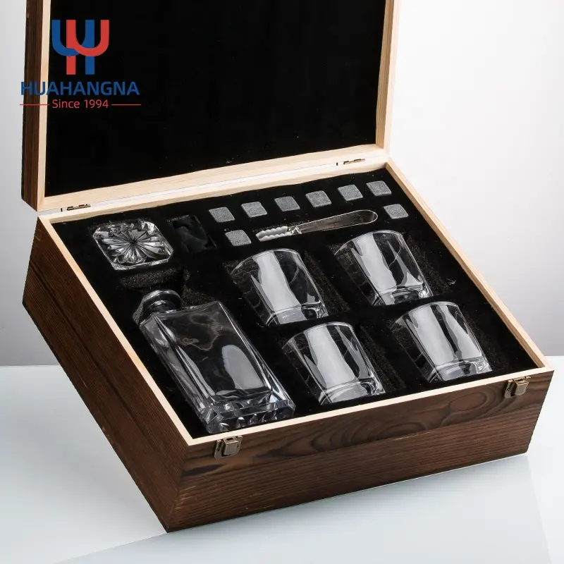 5 Pack Whiskey Decanter Gift Box Custom Etched Whisky Decanter Set With 4 Whiskey Tumbler Glasses and 8 Stones In Wooden Box