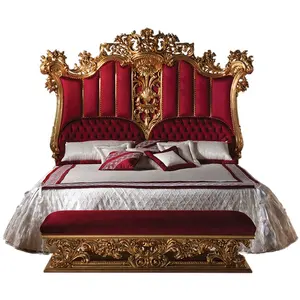 Luxury French rococo Antique carved furniture sets Italian style Reproduction Royal classic baroque Gold Castle canopy bed