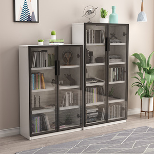 Solid Wood Minimalist Glass <b>Door</b> Bookcase With Motion <b>Sensor</b> Light Floor Standing Display Cabinet Office Dustproof Wooden - Product Image 3
