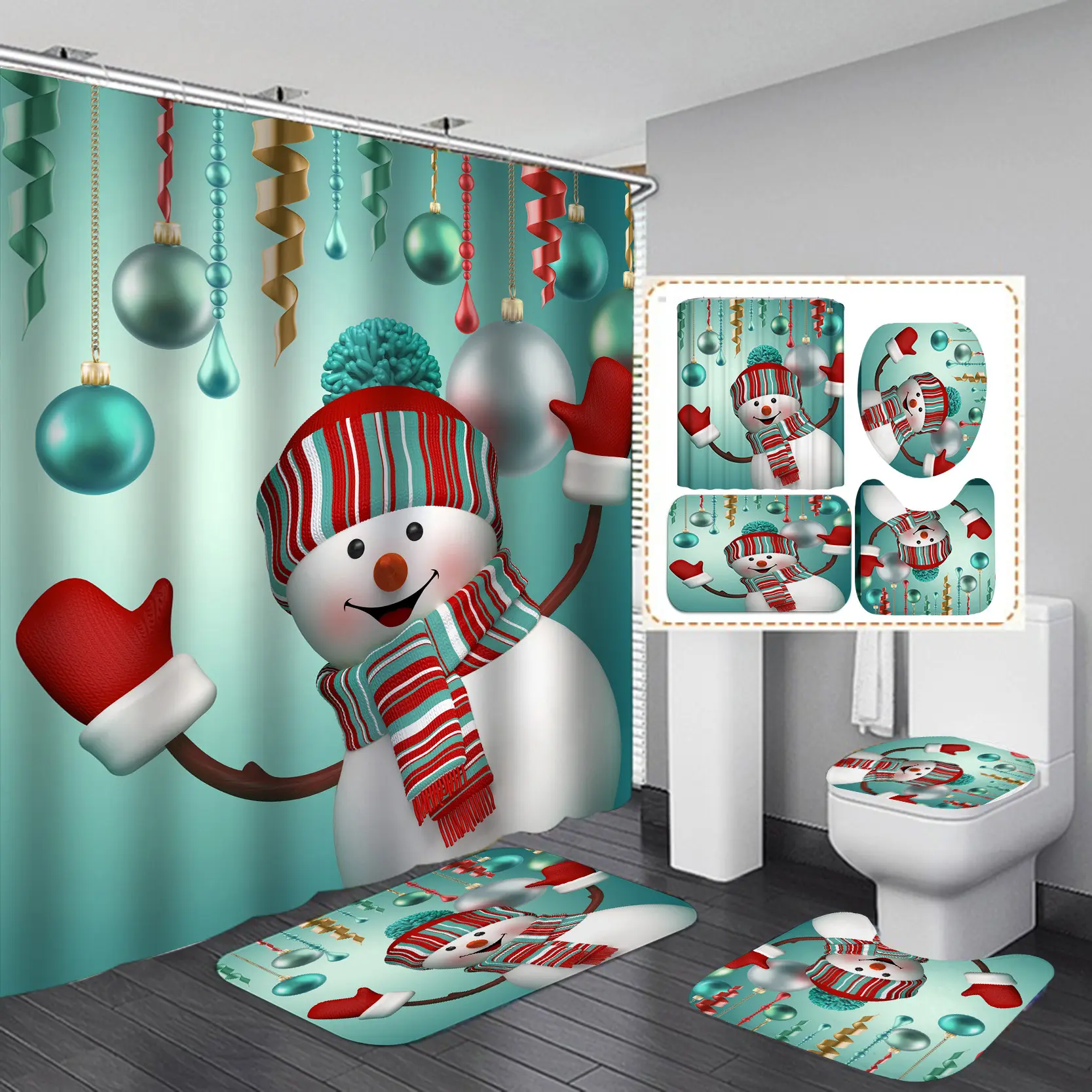 Top Selling Digital Printing Waterproof Polyester Christmas Snowman Series Shower Curtains 4 Sets