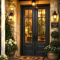 Porte d'entrée double française sur mesure en fer forgé avec vitrage à grille divisée et deux panneaux latéraux pour l'extérieur de la maison