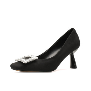 Zapatos de Tacón Alto con Punta Cuadrada de Gamuza Negra, Decoración de Hebilla con Pedrería, Estilo Slip-On - Product Image 5