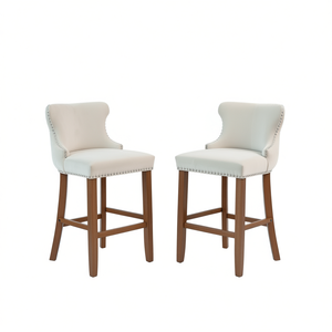 Tabourets de bar contemporains de style décontracté, revêtement en velours beige, dossier à oreilles, pieds en bois, design moderne, mobilier de bar pour la maison - Product Image 1