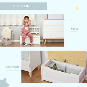 HOMCOM Coffre de rangement pour enfants en bois 2 en 1 avec piston pour une fermeture sûre, 60x30x50cm blanc et bois naturel - Product Image 5