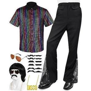 Nouvel ensemble de costume disco des années <span class=keywords><strong>70</strong></span> pour hommes - Chemise à paillettes, pantalon évasé avec <span class=keywords><strong>perruque</strong></span> afro, moustache et accessoires pour fête disco rétro d'Halloween - Product Image 3