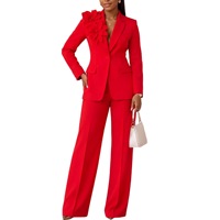Setelan Blazer Wanita Ukuran Besar dengan Hiasan Bunga 3D dan Celana Kaki Lebar, Setelan 2 Potong Elegan Formal untuk Kantor dan Bisnis