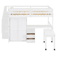 Lit mezzanine pleine grandeur avec escalier, bibliothèque, tiroirs, bureau et armoire - Meubles multifonctionnels gain de place pour enfants et adolescents - Blanc