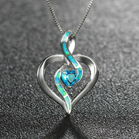 Nouveau Collier Pendentif Cœur en Argent S925 avec Opale Bleue Feu, Bijou Opale Amour