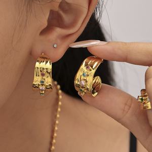 New Arrival Colorful Cubic Stone Crystal Wide Band Women Ring Earrings Stainless Steel Waterproof 18K Gold Plated <b>Jewellery</b> <b>Set</b> - Product Image 1