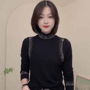 Women's High Neck Long Sleeve Sweater With Rhinestone Embellishments Solid Color Fashionable Base Layer Autumn Winter Style - Product Image 3