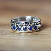 Kadınlar için Mavi Taşlı Döner Yüzük, 4mm, Beyaz Altın Kaplama Alaşımlı Vintage Boho Band, Beyaz Altın