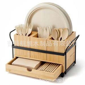 Bamboo Tableware <b>Storage</b> Rack With <b>Drawers</b> And Partitions For Kitchen <b>Desktop</b> Organizer Standing Type Rectangle Solid Color - Product Image 1