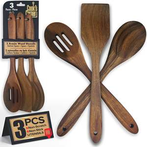 Cuchara ranurada de madera de 3 piezas, cuchara sólida y espátula en juego de utensilios de cocina antiadherentes seguros de Acacia sostenible - Product Image 1