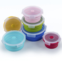 Ensemble de boîtes à lunch rondes pliables en silicone - 350/500/800/1200 ml, silicone platine de qualité alimentaire + couvercle en PP, logo personnalisé OEM