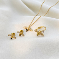 Ensemble de bijoux Little Bee en zircon, collier, bracelet, bague, boucles d'oreilles, acier inoxydable plaqué or PVD, tendance, pour mariage