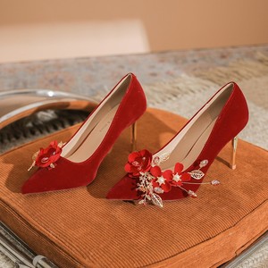 <b>Red</b> Velvet Stiletto <b>Heels</b> With Flower Embellishment For Wedding Bridal Shoes Pointed Toe High <b>Heel</b> <b>Women</b> Elegant Style 8777H-147 - Product Image 1