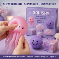 Southpeak Toy Lot de 6 jouets anti-stress à récupération lente, motifs Méduse, Coquillage, Coquille Saint-Jacques, Boule à picots, Cube marbré, couleur Océan Violet, 21x19cm, MOQ48 OEM WS