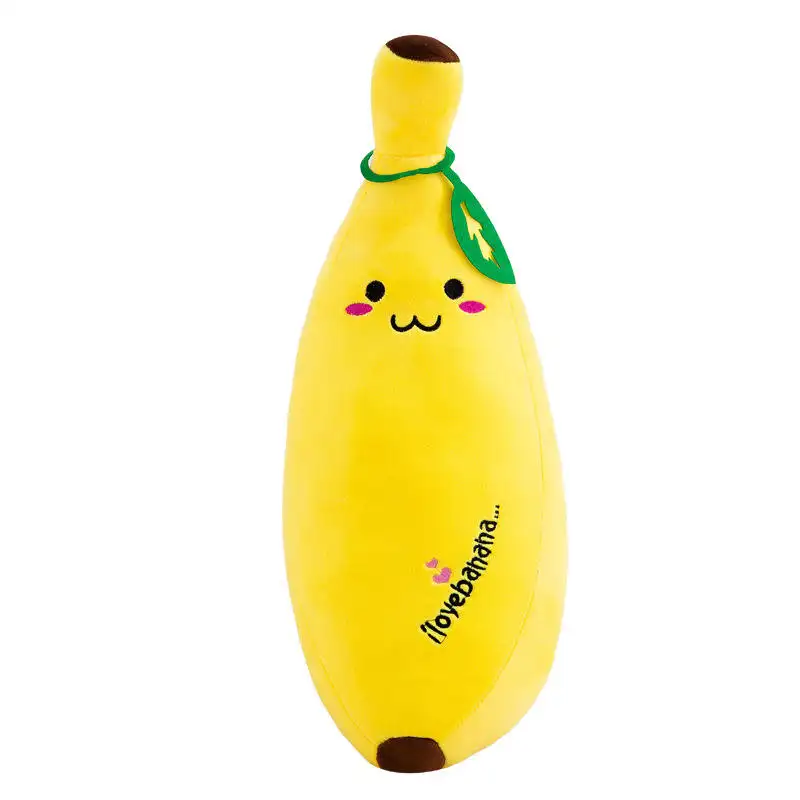 In Stock Popular Smiley Face Expression Yellow Kawaii Banana Fruit Doll Pillow Soft Stuffed Long Banana Plush Toy