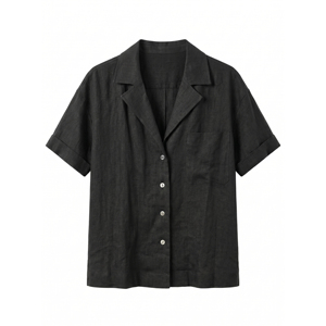 Camisa de Lino Negra para Mujer, Marca Anjie, Logotipo Personalizado, OEM, ODM, Cuello Camisero, Manga Corta, Etiqueta Privada, Blusa Minimalista, Venta al Por Mayor - Product Image 1