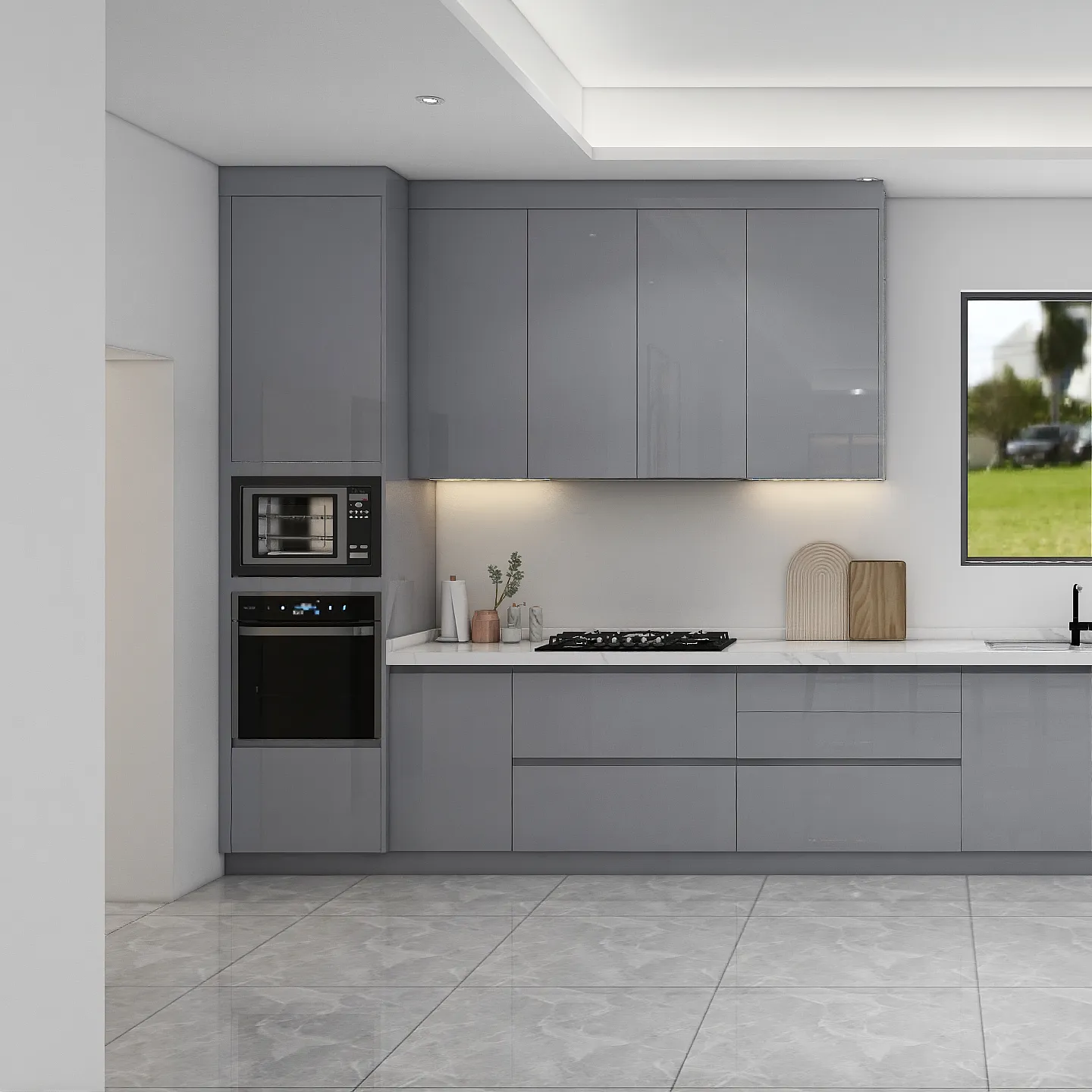 Rak Piring Dapur dengan Gagang Tarik dan Pintu Kaca Lemari Dapur Modular Stainless Steel Putih Kayu Lapis Modern Dapur Uv