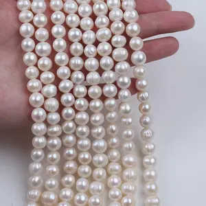 9-10mm perle d'eau douce blanche naturelle forme de pomme de terre perles authentiques brins vente en gros
