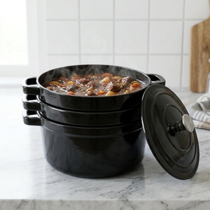 Ensemble de cuisson multifonctionnel 3-<span class=keywords><strong>en</strong></span>-1 <span class=keywords><strong>en</strong></span> <span class=keywords><strong>fonte</strong></span> émaillée avec couvercle-poêle, compatible induction, gaz et four - Product Image 6
