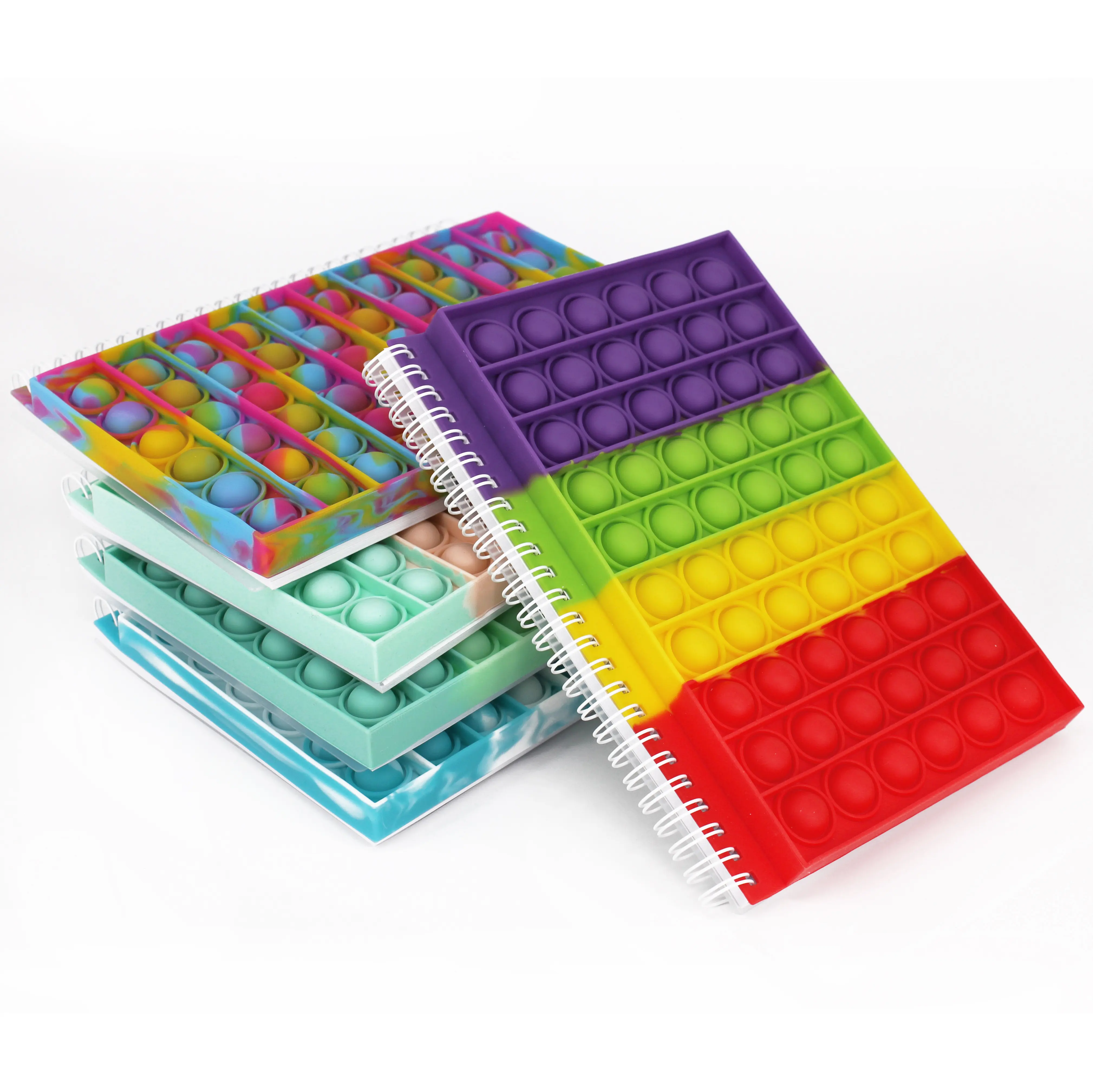 Aangepaste Trending Regenboog A5 Stress Reliëf Siliconen Pop Bubble Speelgoed Cover Hoge Kwaliteit Dagboek Notebook Voor Kinderen Jongens Meisjes