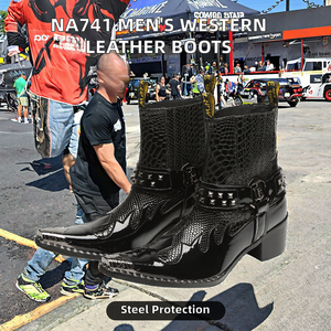 Bottes de cowboy occidentales NA741 pour hommes, en cuir véritable, à enfiler, avec embout en acier, noires, pour soirée, équitation ou moto - Product Image 4