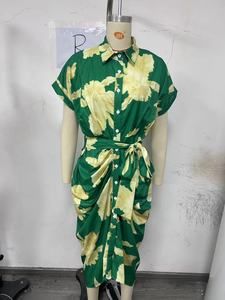 Robe longue décontractée pour femme, style chemise, à manches courtes, motif crocheté, col à boutons, corset cintré, style doux, été 2026 - Product Image 3