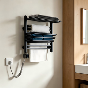 Calentador de Toallas Eléctrico Negro con Control de Temperatura, <span class=keywords><strong>Toallero</strong></span> Calefactado de Pared con Estante de Almacenamiento, Ideal para Apartamentos - Product Image 2