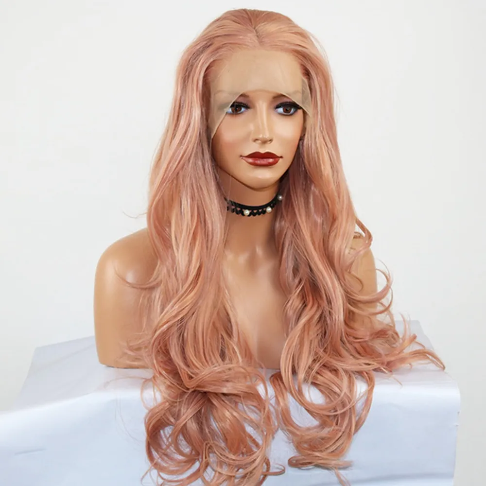 180% Density 26 Inches Lace Front Wig Synthetic Wigs Natural Brown Straight Wavy Heat Resistant Synthetic Hair Costume Pink Wig