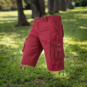 <b>Men's</b> <b>Red</b> Cargo <b>Shorts</b> Mid Waist Canvas Bermuda Style Casual Pockets Button Fly Drawstring Hem - Product Image 3